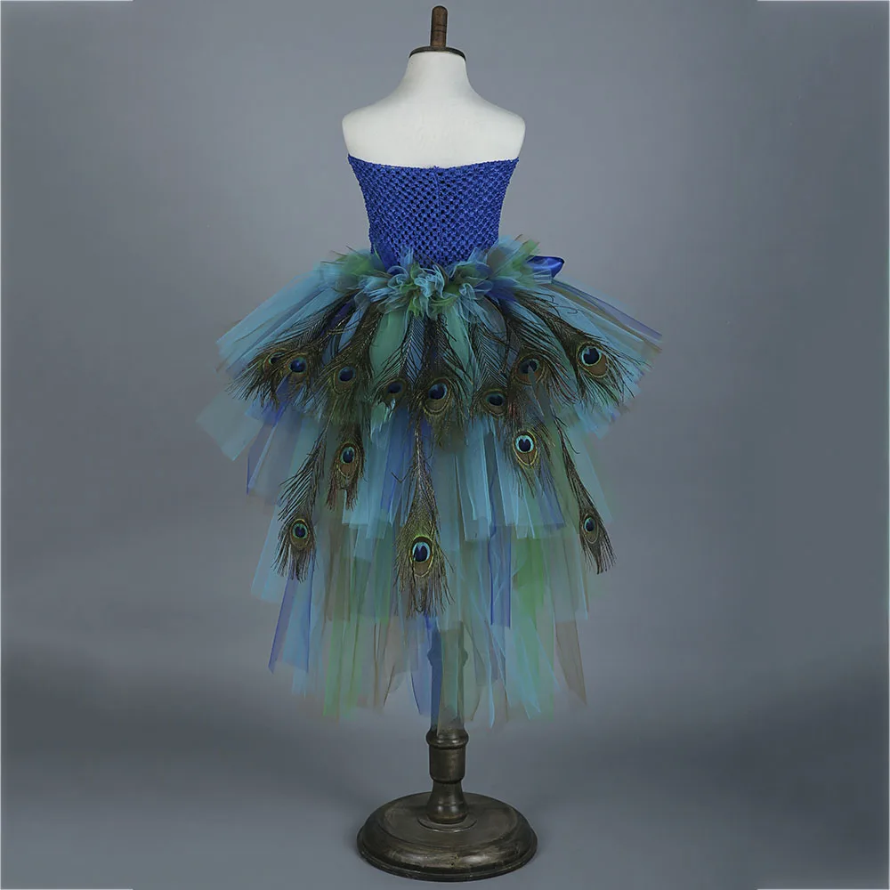 Elegant Long Tail Peacock Tutu Dress for Kids Girl Clothes Children Wedding Party Celebrity Carnival Peacock Dresses Ball Gown (5)