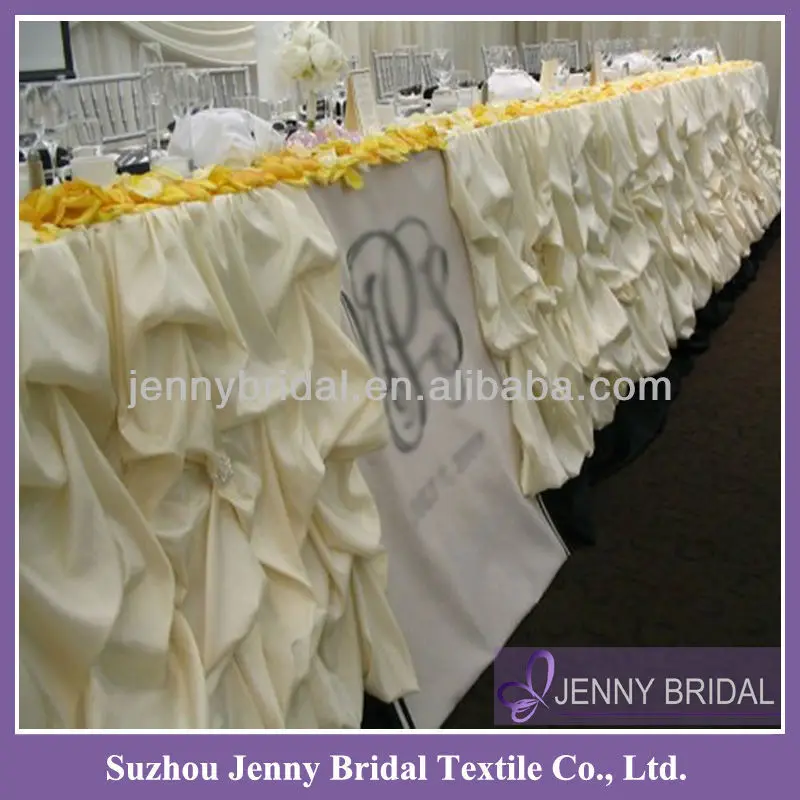 TS001A Puffy Gathered Sheer Ruffled Table Skirts Designs For Wedding