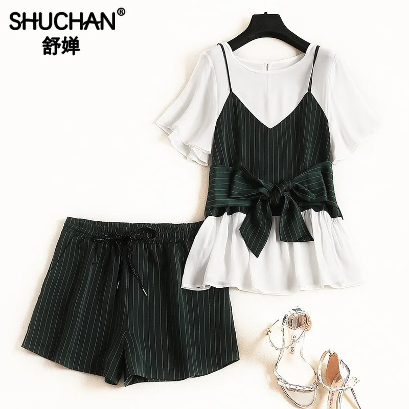 

Shuchan 2019 Designer 2 Pieces Set Fashionable Suits for Women Patchwork Tops+shorts Striped Women Clothing Set for Summer 51493