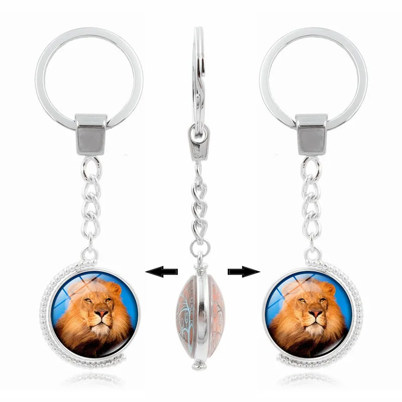 

Silver Plated Jewelry with Glass Cabochon Lion Pattern Rotate Charm Cute Plush Toy Keychain Ring for Unisex Gift