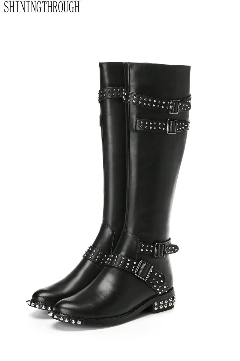 

Punk Knee High Boots Women Genuine Leather Rivets Buckles Long Motorcycle Boots Ladies Warm Autumn Winter Shoes Woman