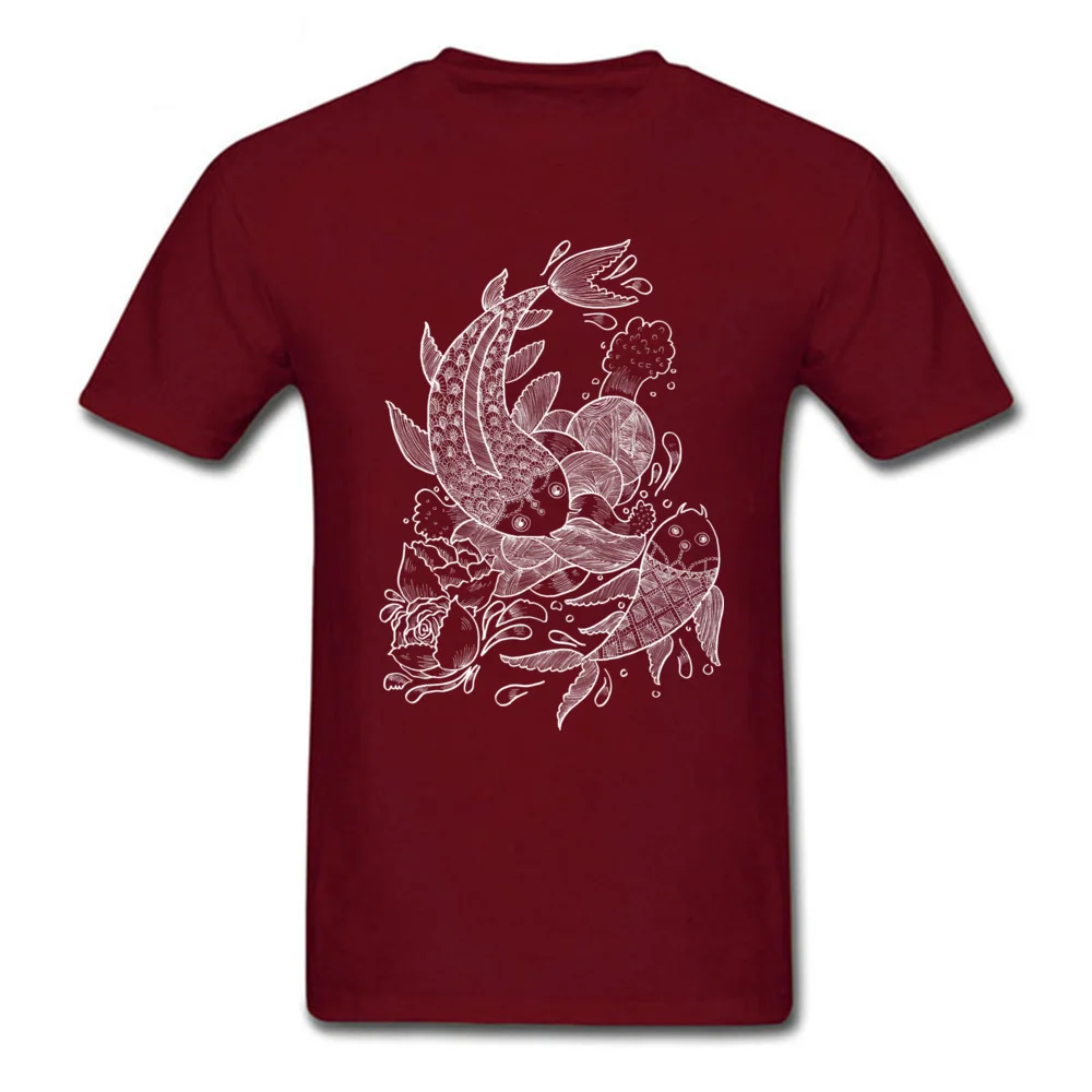 100% Cotton Fabric Men's Short Sleeve The Koi Fishes T-shirts comfortable Tops Shirt Fitted Design Crew Neck T Shirt The Koi Fishes maroon