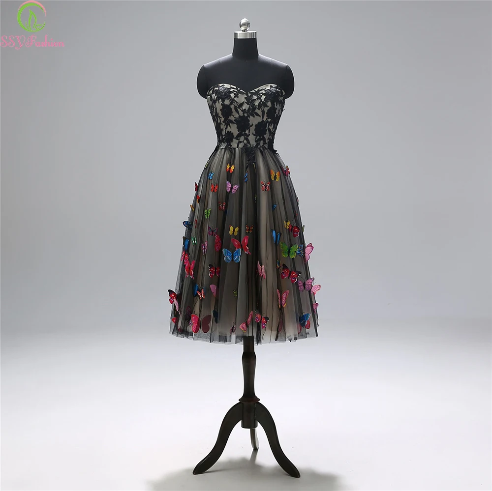 

SSYFashion New Banquet Elegant Cocktail Dresses Short Black Strapless Tea-length Lace Butterfly Party Formal Gown Robe De Soiree