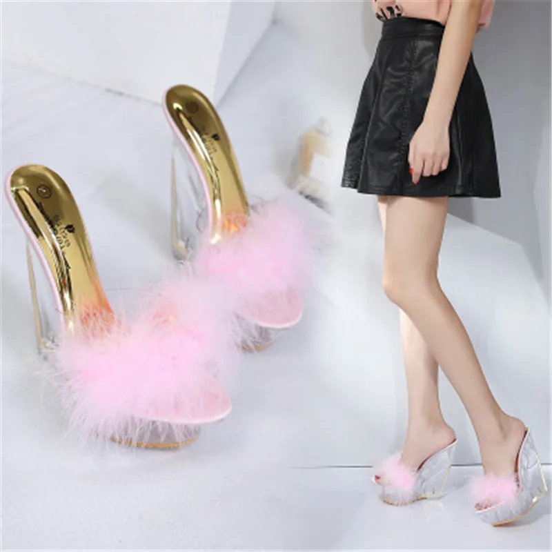 FeiYiTu/пикантные прозрачные босоножки на очень высоком каблуке 14 см с перьями; пикантная женская обувь для ночного клуба; европейские размеры 34-40