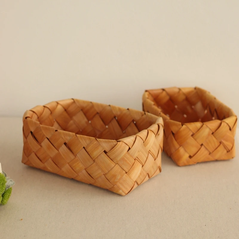 Japanese square log storage basket wood weaving basket bread basket