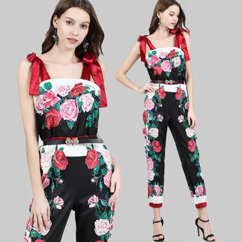 

womens woman ladies Designer summer sexy print rose Floral runway belt slim Casual onepiece Jumpsuit Romper clothes for women