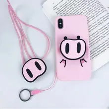 

Funny Pig Silicone Phone Case For iPhone X XS Max XR Back Cover For iPhone 7 8 6 6S Plux Case Cartoon Finger Ring Holder Lanyard