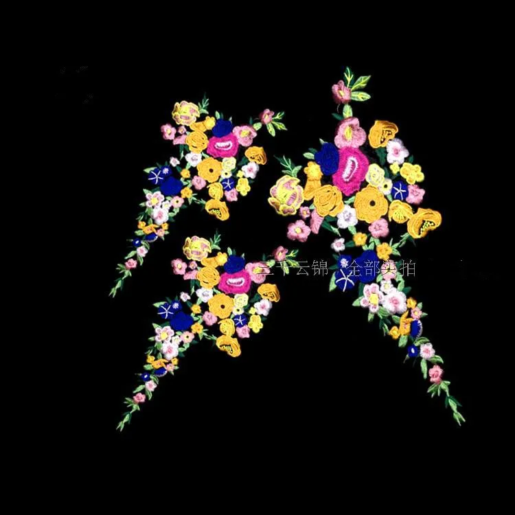 

Size-22*44cm Free Shipping Black Based Multi-Color Embroidered Flower Lace Applique Lace Patch Garment accessories