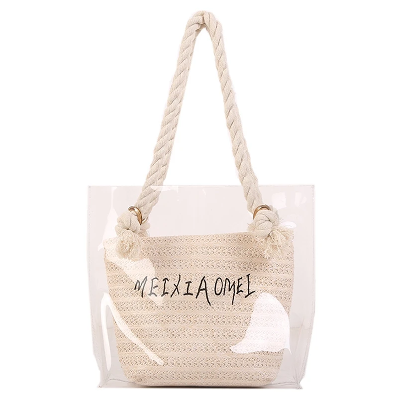

Handbag Women Fashion Simple Transparent Letter Large-Capacity Shoulder Bag Pure Color Straw