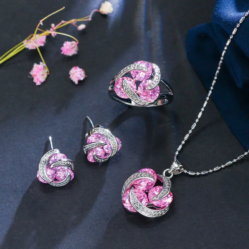 pink CWWZircons модное геометрическое многоцветное кубическое циркониевое милое ожерелье, серьги и кольца, ювелирные наборы для женщин T316 - Окраска металла: pink