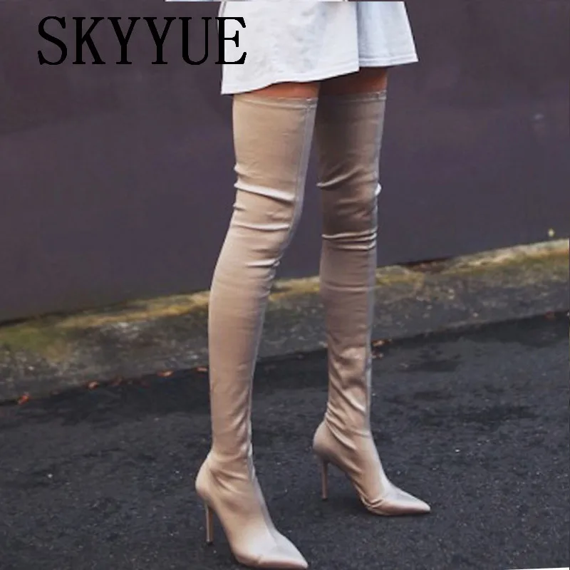 

2018 New Stretch Fabric Gladiator Over The Knee High Thigh HIgh Boots Sexy Pointed Toe Slip On Women Spring Motorcycle Boots