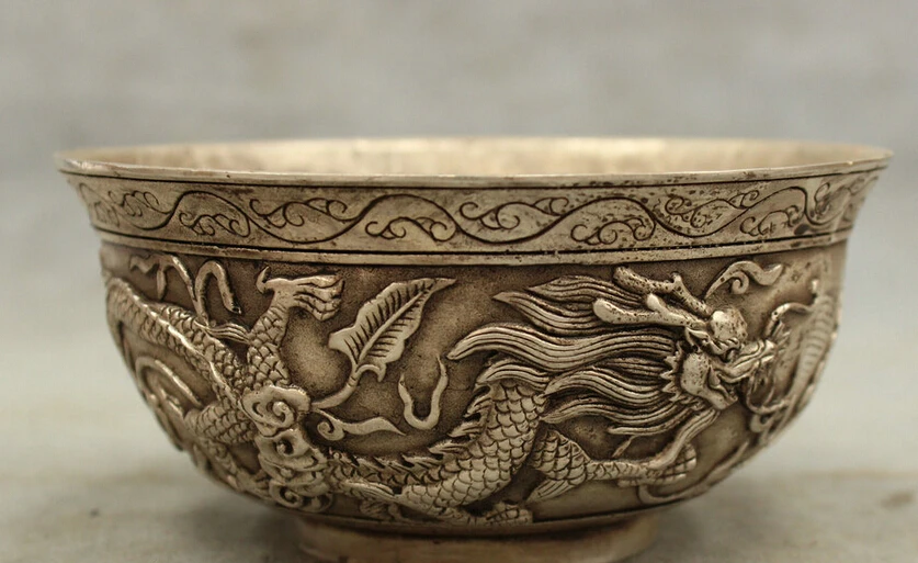 

song voge gem S3136 Marked Chinese Silver Folk JiXiang Dragon Head Statue Bronze Auspicious Bowl