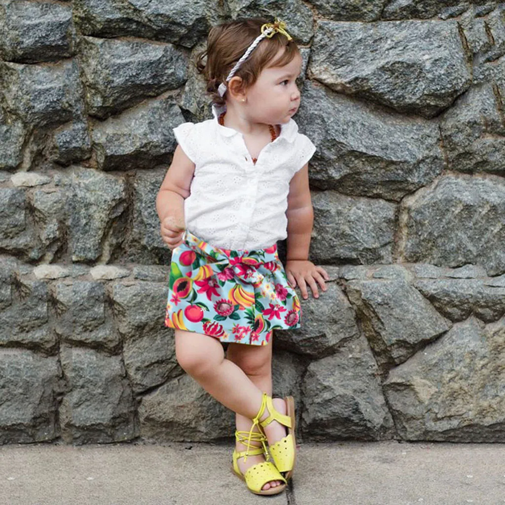 

Baby Girl Clothes Toddler Baby Kids Girls Fly Sleeve Ruched Solid Tops Fruit Short Outfits Clothes Summer Clothes HOOLER
