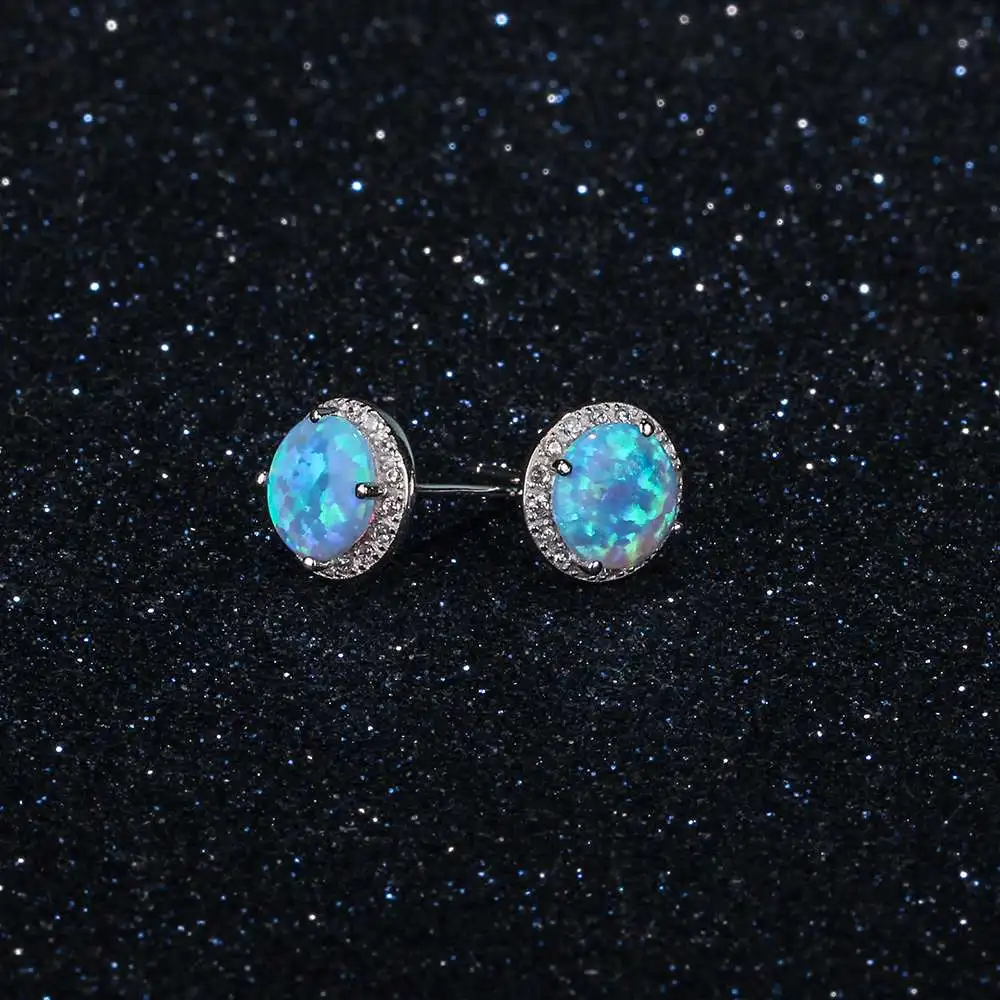 10mm Blue Opal Stone 925 Sterling Silver Stud Earrings Ocean Style Fashion Earrings for Women Gift for Her (Jewelora EA102018)