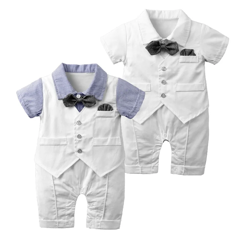 Джентльменский комбинезон для новорожденных мальчиков, летняя одежда с короткими рукавами и галстуком-бабочкой, костюм для свадебной вечеринки, комбинезон для новорожденных, цвет белый,, синий