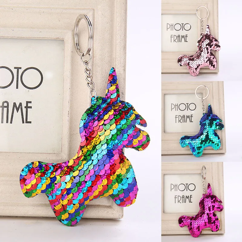 Cute Unicorn Sequin Pom Pom Key Pendant Colorful Stuffed Unicorn Doll Kids Toys Girls Bag Hang Pendant Key Chain Speelgoed Gift