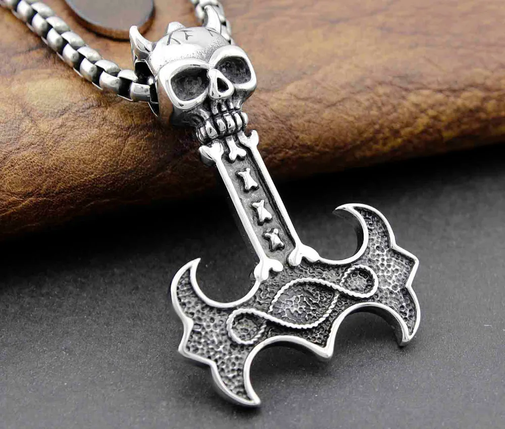 Stainless Steel Odin Viking Celtic Knot Skull Thor Hammer Pendant Necklace VUG01in Pendants