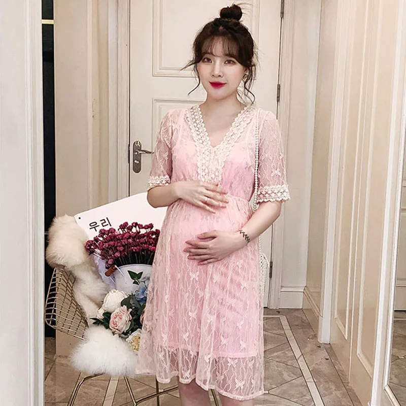 Летние кружевное платье для беременных женщин Одежда с v-образным вырезом элегантное платье для беременных Vestidos платье для беременных - Цвет: Розовый