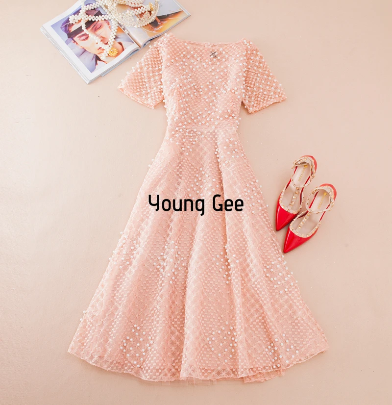 Летние вечерние платья с кружевами белого и розового цвета с жемчужинами и вышивкой, платья Феи средней длины с тонкой талией