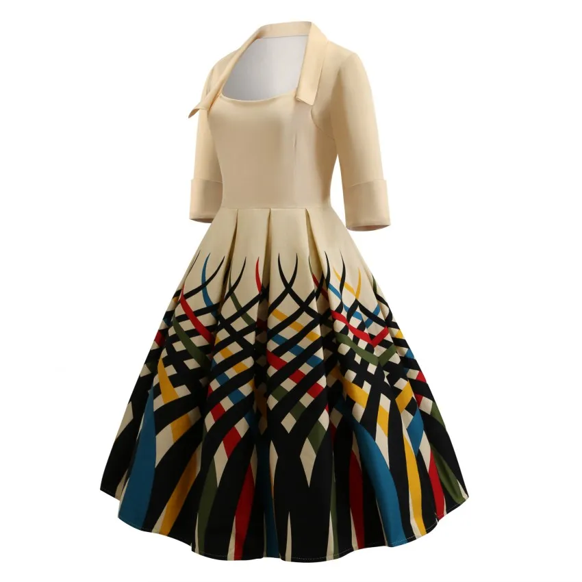 Ретро многоцветная печать отложной воротник миди винтажное платье элегантная булавка Хепберн Платье рокабилли женские плиссированные платья