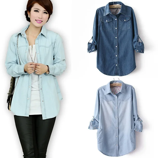 HOT New 2014 Fashion Jeans Full Blusas Casual Jeans Shirt