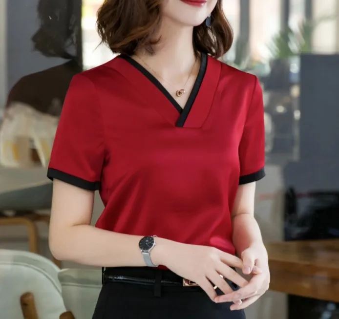 Blusas mujer de moda, женская рубашка, сексуальная, v-образный вырез, короткий рукав, шифон, сатин, блузки для офиса, для девушек размера плюс, топы - Цвет: Red