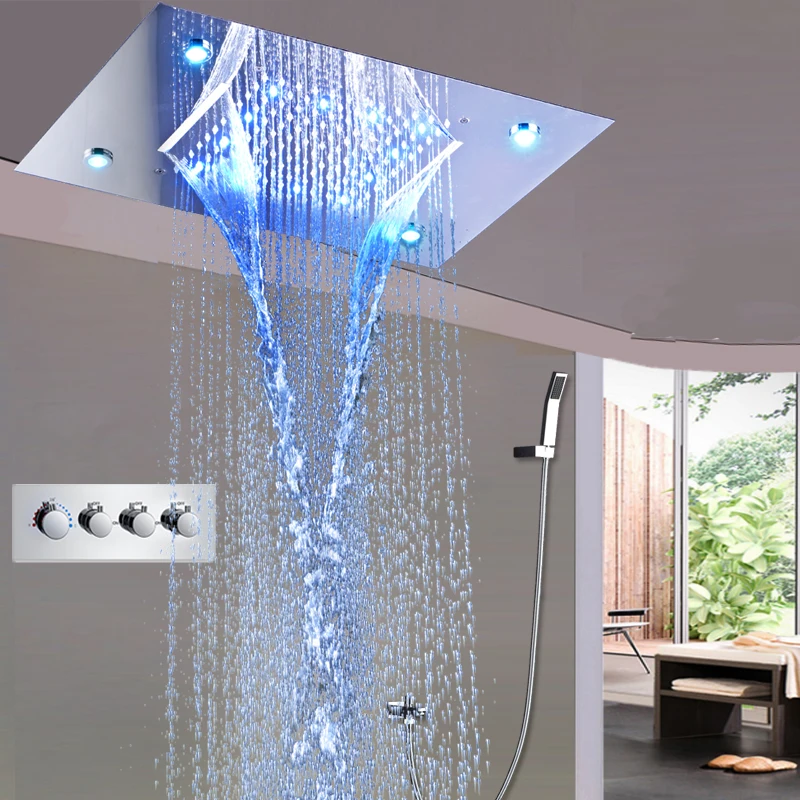 

Rain Shower Faucets 2 Function Waterfall Head Shower / Hot and Cold Water Mixing Valve / LED Ceiling Shower Bath