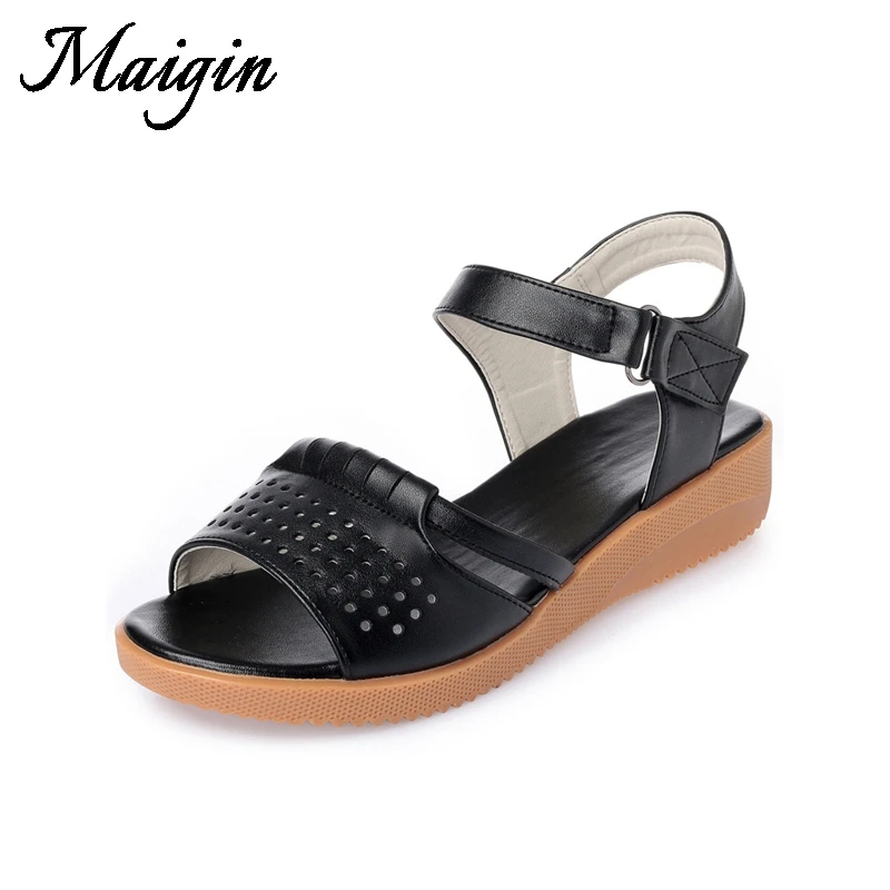 Maigin Big Size Wedges Shoes for Women 2018 Genuine Leather Summer Sandals Breathable Hollow Ladies Sandals Black Women Footwear
