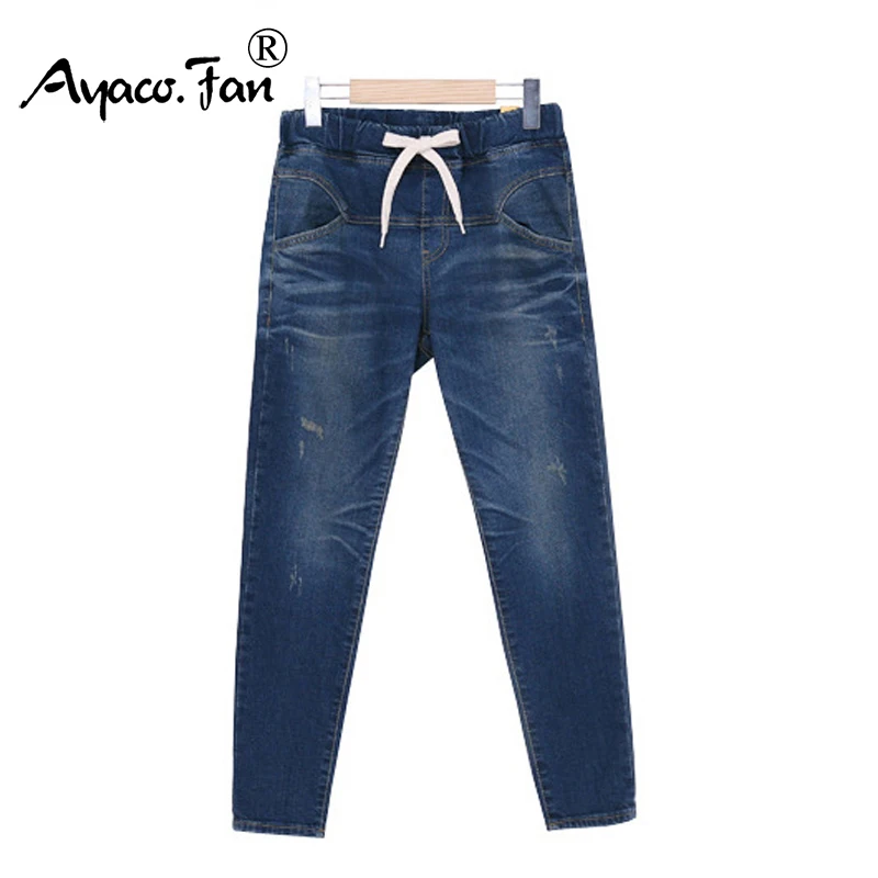 Весна осень женские джинсы шаровары размера плюс 5XL синие штаны средней длины с талией свободные женские штаны длинные брюки для девушек - Цвет: Blue Jeans
