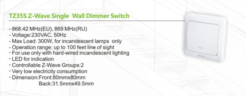 Беспроводной Zwave контролируемый Z-Wave один настенный Регулируемый выключатель TZ35S ЕС 868,42 МГц