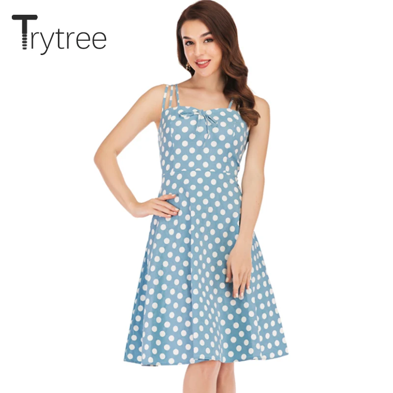 

Trytree Summer Autumn Dress Casual Dot Women Bow Strapless dresses Yellow Blue Spaghetti Strap Knee-Length A-line Vacation Dress