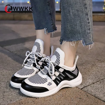 

WWKK Women Sneakers 2019 Autumn High Quality Casual Flat Platform Chunky Shoes Woman Breathable Walking Lace Up Ladies Sneakers