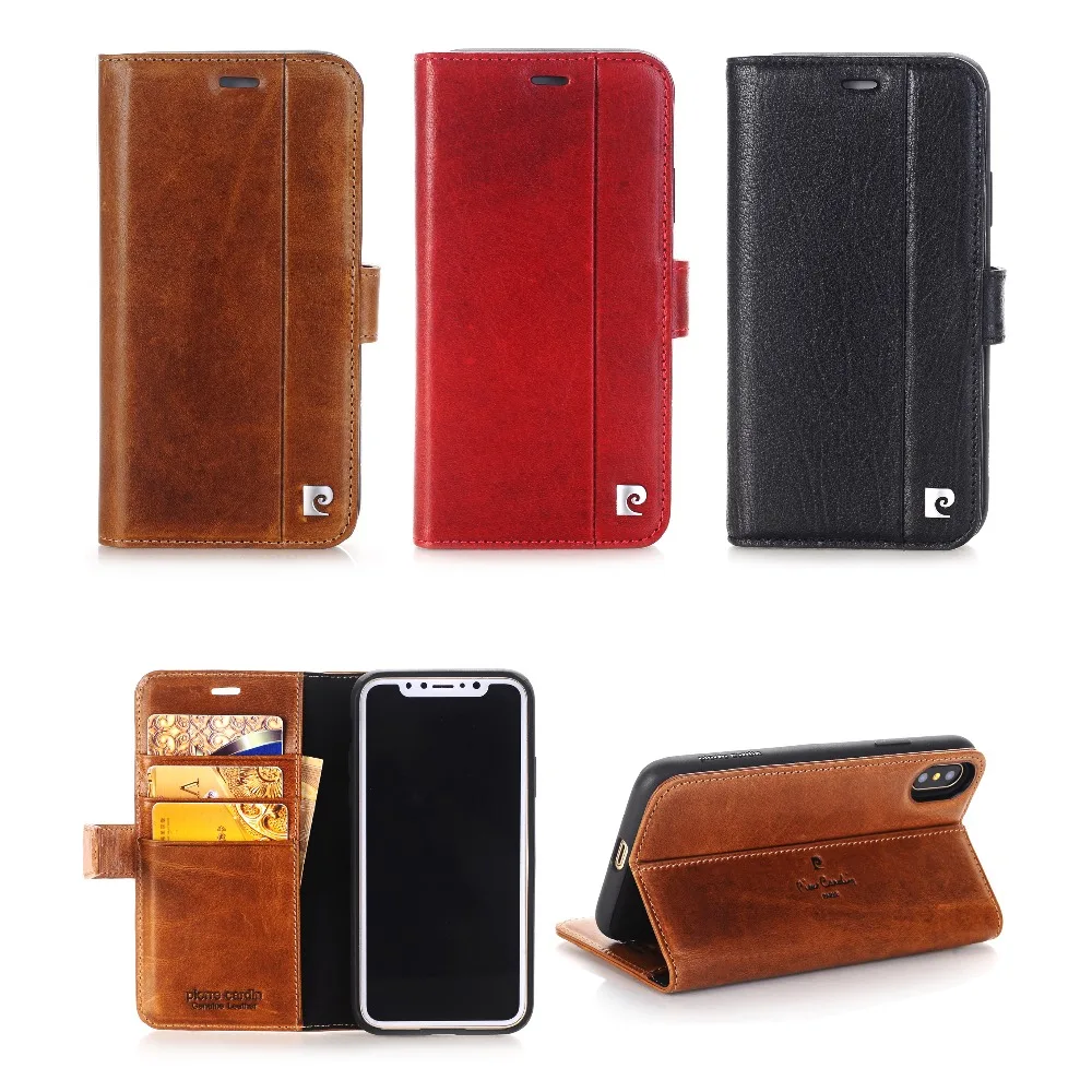 

Pierre Cardin Genuine Leather Cover for iPhone X Case, Magnetic Book Flip Case Stand Wallet Card Holder for iPhone X Coque