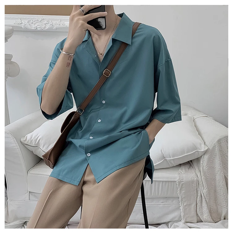 Summer New Dress Shirt Men Fashion Solid Color Business Casual Shirt Man Streetwear Wild Loose Seven-point Sleeve Shirt Male