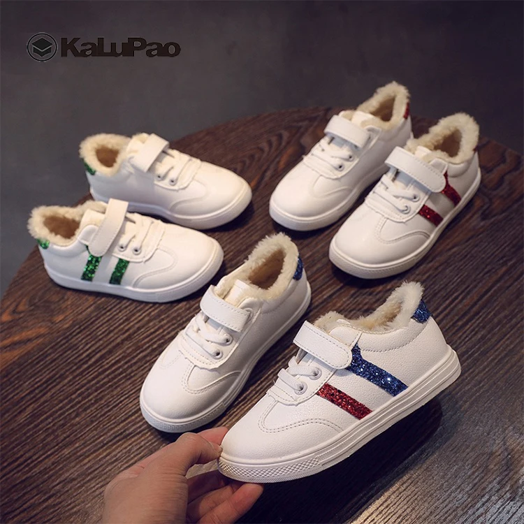 

Autumn Winter New Children's Casual Shoes Warm Cotton Boys Girls Sneaker With Fringe Flat With Sequin Stripe Kids Sneakers 2019