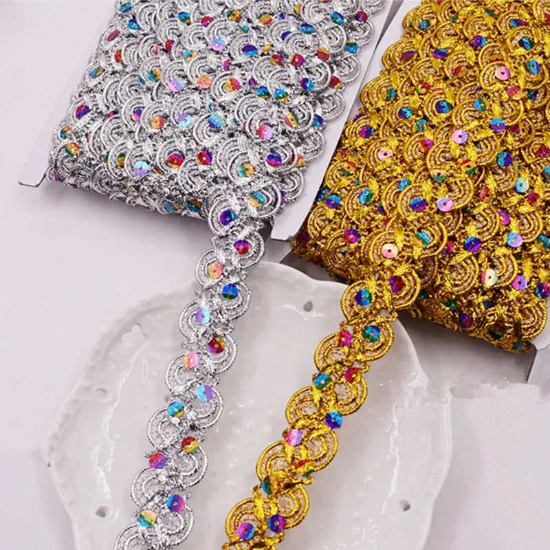 

Sequined Lace Band 12 Yds Appliqued Colored Sequins Ribbons Belt Braided 3D Gold Flower Sewing Apparel Trim Handmade 2.7m Wide