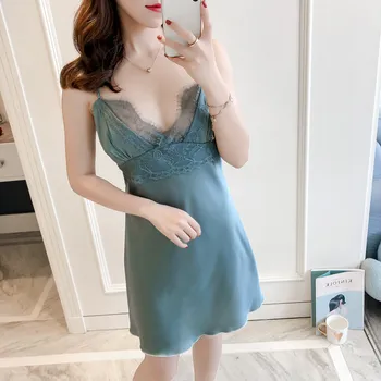 

New Arrival Women Lace Trim Strap Nightdress Doop V-Neck Nightgown Home Dress Sexy Rayon Ladies Sleep Gowns Sleepwear Lounge