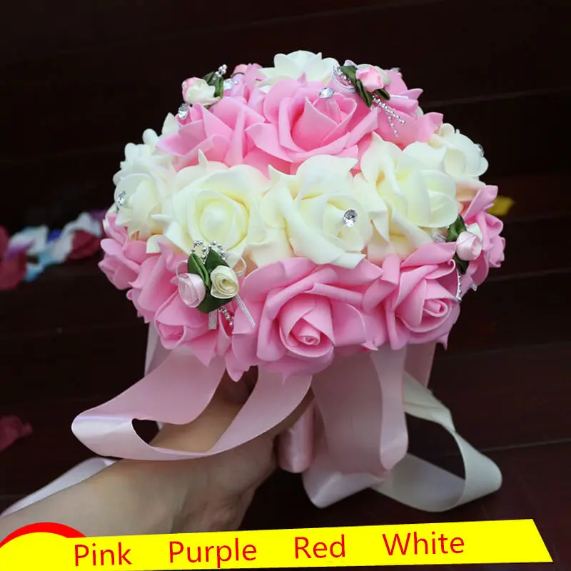 Hot Selling Artificial Wedding Bouquets,Pink Purple Red Bridesmaid Bridal Rose Flower Bouquet,New Handmade Wedding Party Flowers