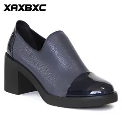 XAXBXC Ретро Британский Стиль Кожаные броги оксфорды на высоком каблуке Женская обувь синий закрытый толстый каблук ручная работа