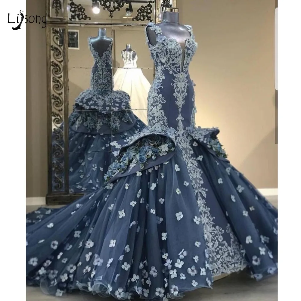 Великолепные Свадебные платья русалки с объемным цветком Свадебные платья с оборками с аппликацией роскошные темно-синие свадебные платья Robe De Mariee