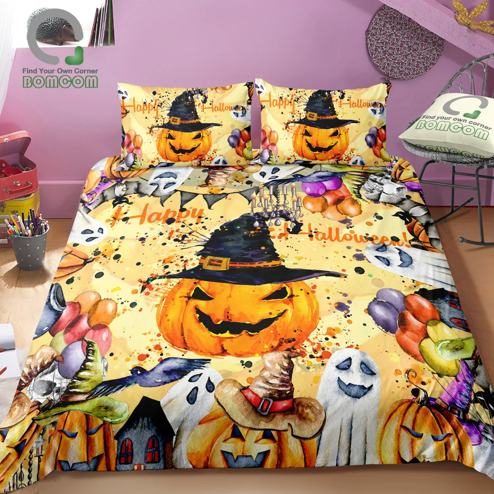 

BOMCOM 3D Digital Printing Happy Halloween Watercolor Halloween Pumpkin Spook Skull Pot Duvet Cover 100% Microfiber