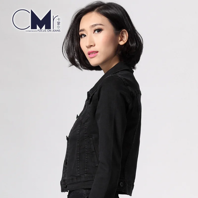 Новая женская черная джинсовая куртка для женщин повседневная облегающая