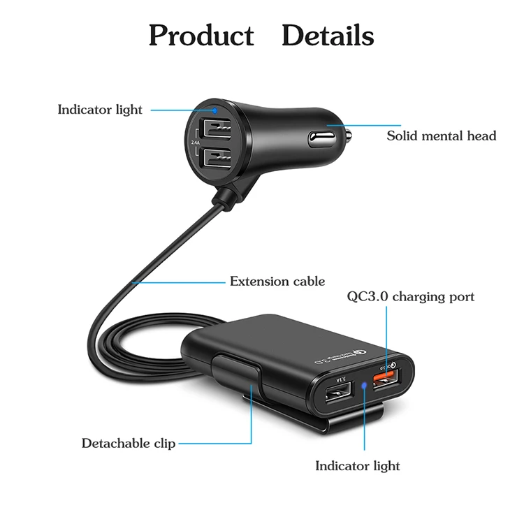 4 порты USB QC3.0 передние и задние сиденья автомобиля телефон зарядное устройство ZDG01 в 1 Универсальный внедорожник быстро автомобильное мобильное зарядное устройство со светодиодный Н