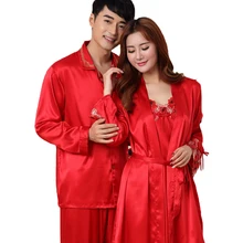 Китайский красный Свадебная Пижама Повседневное искусственный шелк атлас любителей пижамы Пижамный костюм легкий одежда для сна для пары из 2 предметов комплект Размеры M-3XL