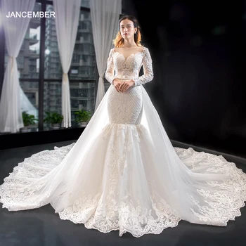 شراءJ66856 جانسيمبر كريستال حورية البحر فستان الزفاف 2021 كم طويل زائد حجم زي العرائس يزين الدانتيل حتى الظهر