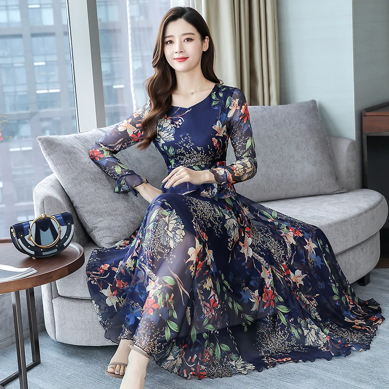 

2019 Autumn New Arrival High Quality Elegant Flower Printed V Collar Long Sleeve Bowknot Woman Chiffon Long Dress