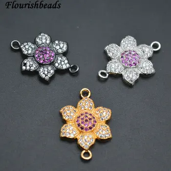 

15x22mm Paved Multi Color CZ Metal Flower Charm Two Loops Jewelry Findings Connectors Fit Pendants or Bracelets Making
