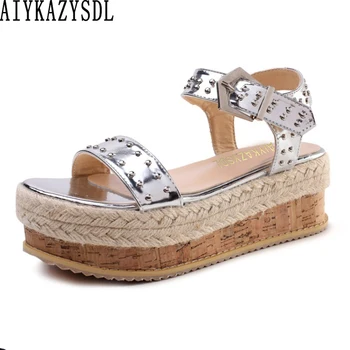 

AIYKAZYSDL Women Platfrom Rome Sandals String Beaded Wooded Cane Hemp Straw Fisherman Platform Shoes Wedge High Heels Creepers