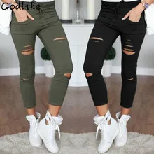 GODLIKE 2018 Ladies pencil pants hole hole cotton nine points stretch feet pantsWomen’s fashion slim solid color trousers S-4XL