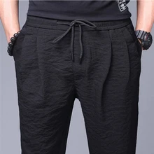 Летние мужские офисные брюки больших размеров, дышащие свободные повседневные брюки-карандаш, льняные брюки